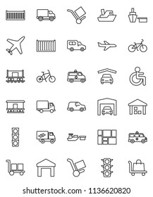 thin line vector icon set - bike vector, Railway carriage, plane, traffic light, ship, sea container, delivery, car, port, consolidated cargo, warehouse, disabled, amkbulance, garage, trolley