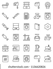 thin line vector icon set - washer vector, washing powder, mixer, double boiler, blender, tomography, gear, construction crane, card reader, dishwasher, coffee maker, meat grinder, sewing machine