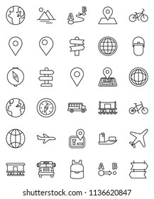 thin line vector icon set - camping cauldron vector, backpack, compass, school bus, world, bike, signpost, navigator, earth, map pin, Railway carriage, plane, ship, route, globe, mountain