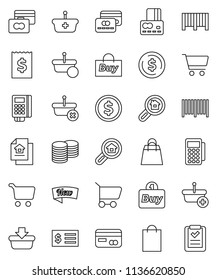 thin line vector icon set - dollar coin vector, cart, credit card, stack, receipt, estate document, search, new, shopping bag, buy, barcode, reader, basket, list