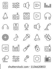 thin line vector icon set - bell vector, music, disk, hit, microphone, radio, speaker, equalizer, headphones, play button, forward, backward, rec, jack