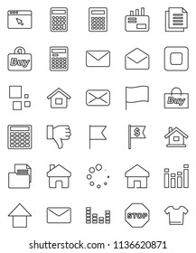 thin line vector icon set - calculator vector, flag, arrow up, dollar, document, equalizer, finger down, mail, stop button, browser, home, loading, house, buy, clothes