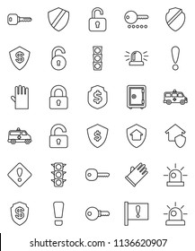 thin line vector icon set - rubber glove vector, dollar shield, safe, attention, traffic light, amkbulance car, unlock, key, sign, siren, lock, home protect, password