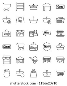 thin line vector icon set - office vector, cargo, warehouse, weight, shelving, new, open, closed, shopping bag, market, store, mall, buy, basket, cart, scales