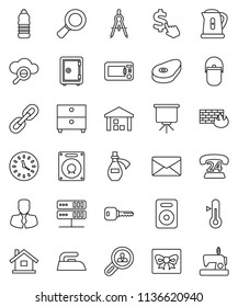 thin line vector icon set - iron vector, camping cauldron, kettle, thermometer, steak, drawing compass, presentation, archive, magnifier, manager, safe, dollar cursor, water bottle, phone 24, clock