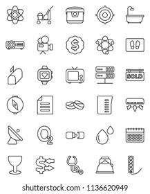 thin line vector icon set - cleaner trolley vector, welcome mat, kettle, measuring cup, atom, compass, document, exchange, target, dollar medal, heart monitor, calendar, oxygen, glass, tv, pills