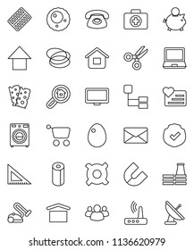 thin line vector icon set - washer vector, toilet paper, egg, corner ruler, magnet, scissors, piggy bank, arrow up, any currency, breads, heart monitor, first aid kit, hoop, dry cargo, protected