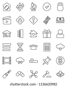 thin line vector icon set - dry cargo vector, warehouse, protected, weight, flammable, cinema clap, film frame, thumbtack, jack, crutches, sand clock, pills, eye doctor hat, microscope, network, hub