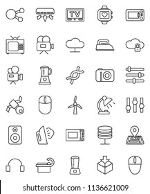 thin line vector icon set - steaming vector, microwave oven, table lamp, heart monitor, navigator, satellite, package, settings, tv, video camera, headphones, social media, speaker, dna, tomography