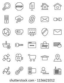 thin line vector icon set - cart vector, map pin, satellite, dry cargo, video camera, mail, diagnostic monitor, connection, cloud glass, browser, shield, firewall, chain, network document, login
