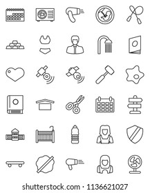 thin line vector icon set - splotch vector, shower, cleaner woman, meat hammer, school building, scissors, manager, calendar, gold ingot, jump rope, swimsuite, skateboard, water bottle, signpost