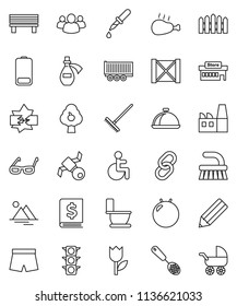 thin line vector icon set - fetlock vector, rake, toilet, skimmer, dish, chicken leg, pencil, glasses, annual report, fitball, shorts, satellite, traffic light, truck trailer, wood box, tulip, link
