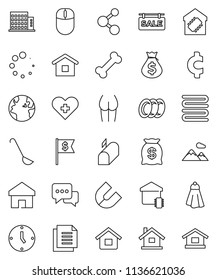 thin line vector icon set - towel vector, plates, ladle, magnet, money bag, clock, dollar flag, cent sign, buttocks, molecule, bone, earth, document, dialog, heart cross, home, loading, house, smart