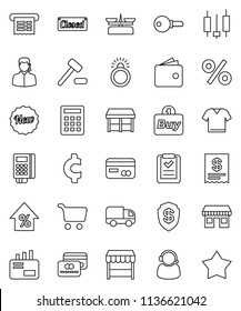thin line vector icon set - cart vector, japanese candle, wallet, percent growth, cent sign, office, credit card, new, closed, market, support, buy, reader, receipt, shopping list, calculator, mail