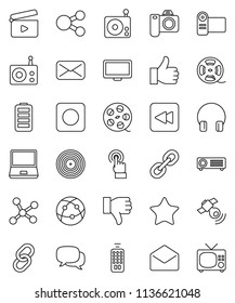 thin line vector icon set - cinema clap vector, film spool, disk, radio, satellitie, remote control, internet, touchscreen, dialog, headphones, monitor, notebook pc, link, finger up, down, favorites