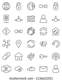 thin line vector icon set - world vector, antenna, social media, connect, connection, cloud lock, equalizer, lan connector, home, refresh, undo, mail, globe, route arrow, network document, unlock