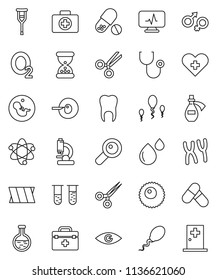 thin line vector icon set - atom vector, pills, first aid kit, oxygen, doctor bag, heart cross, flask, vial, eye, gender sign, magnifier, pregnancy, insemination, crutches, scissors, sand clock