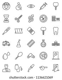 thin line vector icon set - school building vector, disabled, doctor, thermometer, flask, eye, gender sign, pregnancy, syringe, dropper, scissors, sand clock, patch, pills, blister, hat, microbs