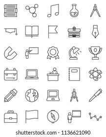 thin line vector icon set - book vector, copybook, graduate hat, pen, university, pencil, blackboard, drawing compass, student, case, backpack, atom, table lamp, notebook pc, award cup, medal, music