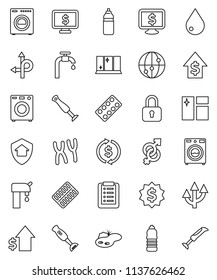 thin line vector icon set - water drop vector, window cleaning, washer, shining, blender, exchange, dollar growth, medal, monitor, bottle, route, internet, gender sign, pills blister, chromosomes