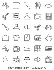 thin line vector icon set - spatula vector, glasses, abacus, piggy bank, case, annual report, dollar sign, snickers, t shirt, target, calendar, umbrella, radio, satellitie, tv, scissors, menu, arrow