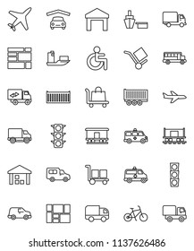 thin line vector icon set - school bus vector, bike, Railway carriage, plane, traffic light, ship, truck trailer, sea container, delivery, car, port, consolidated cargo, warehouse, disabled, garage