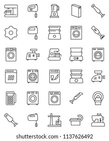 thin line vector icon set - washer vector, washing powder, mixer, double boiler, blender, tomography, gear, construction crane, card reader, dishwasher, coffee maker, meat grinder, sewing machine
