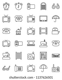 thin line vector icon set - washboard vector, kettle, hand mill, glasses, alarm clock, abacus, phone, umbrella, film frame, radio, tv, classic, closed, video camera, sewing machine