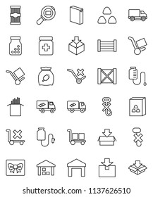 thin line vector icon set - washing powder vector, cereal, pasta, delivery, wood box, cargo, no trolley, hook, warehouse, package, search, pills bottle, drop counter, relocation truck, gift