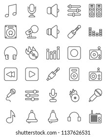 thin line vector icon set - bell vector, music, hit, microphone, radio, speaker, equalizer, headphones, play button, backward, rec, jack