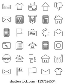 thin line vector icon set - calculator vector, flag, arrow up, dollar, document, equalizer, finger down, mail, stop button, browser, home, loading, house, buy, clothes