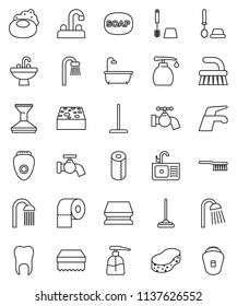 thin line vector icon set - soap vector, water tap, fetlock, mop, sponge, car, toilet brush, liquid, paper, shower, sink, tooth, bath, epilator