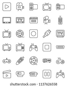 thin line vector icon set - cinema clap vector, film spool, tv, gamepad, video camera, remote control, play button, pause, stop, rec, hdmi, web, projector