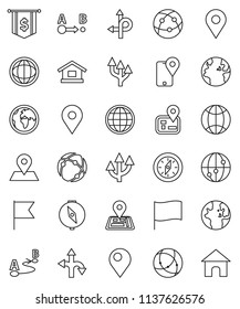 thin line vector icon set - compass vector, world, flag, dollar, route, navigator, earth, map pin, tracking, internet, connection, globe, arrow, home