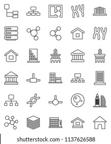 thin line vector icon set - molecule vector, bank, building, hierarchy, dna, chromosomes, ovule, connect, big data, plan, apartments, office, home