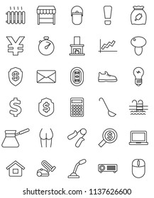 thin line vector icon set - camping cauldron vector, ladle, turk coffee, cereal, mushroom, notebook pc, graph, calculator, money search, dollar shield, yen sign, stopwatch, hand trainer, buttocks