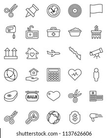 thin line vector icon set - foam basin vector, house hold, sink, steak, telescope, paper pin, scissors, flag, crisis, bank building, calculator, man, dollar shield, plane, top sign, disk, heart