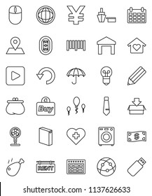 thin line vector icon set - washing powder vector, chicken leg, pencil, schedule, world, tie, calendar, yen sign, heart cross, stadium, map pin, port, umbrella, warehouse, barcode, internet, sperm