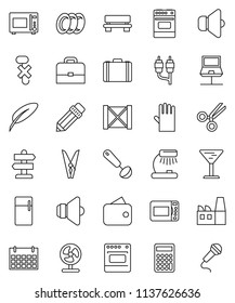 thin line vector icon set - clothespin vector, rubber glove, plates, ladle, microwave oven, pen, pencil, case, table lamp, calculator, calendar, signpost, wood box, glass, no hook, speaker, rca, fan