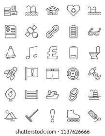 thin line vector icon set - rake vector, toilet, glasses, bell, music, annual report, pound, shorts, roller Skates, shuttlecock, pool, attention, satellite, ship, wood box, film spool, satellitie