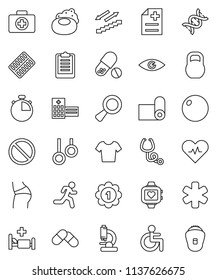 thin line vector icon set - soap vector, stopwatch, clipboard, fitball, buttocks, t shirt, medal, pills, heart monitor, stairways run, fitness mat, prohibition sign, first aid kit, gymnast rings