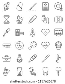 thin line vector icon set - thermometer vector, first aid kit, oxygen, doctor bag, heart pulse, cross, flask, gender sign, magnifier, pregnancy, dropper, scalpel, sand clock, stethoscope, microscope