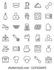 thin line vector icon set - oil vector, colander, cook glove, press, skimmer, spatula, grater, mixer, toaster, microwave oven, spices, bbq, plates, dish, cereal, mushroom, apple fruit, pills vial