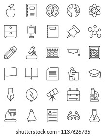 thin line vector icon set - book vector, copybook, graduate hat, pen, pencil, glasses, student, backpack, apple fruit, atom, telescope, microscope, bell, table lamp, schedule, paper pin, compass
