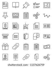 thin line vector icon set - cleaner trolley vector, toilet paper, book, clipboard, pin, document, constellation, exam, cash, check, annual report, receipt, binder, money, newspaper, thumbtack, plan