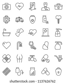 thin line vector icon set - water tap vector, liquid soap, heart pulse, pills vial, buttocks, monitor, first aid kit, no trolley, doctor bag, broken bone, patch, stethoscope, bottle, blister, bath