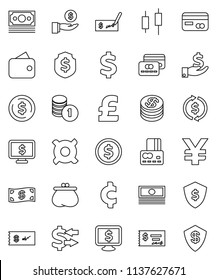 thin line vector icon set - exchange vector, dollar coin, japanese candle, credit card, cash, investment, stack, check, shield, monitor, any currency, pound, yen sign, cent, money, wallet