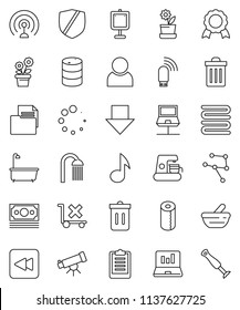 thin line vector icon set - trash bin vector, bath, toilet paper, shower, towel, telescope, medal, presentation, music, laptop graph, arrow down, clipboard, money, document, no trolley, protected