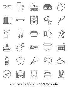 thin line vector icon set - washing powder vector, sprayer, pan, cake, chicken leg, presentation board, stadium, roller Skates, skateboard, water bottle, run, port, protected, satellitie, speaker