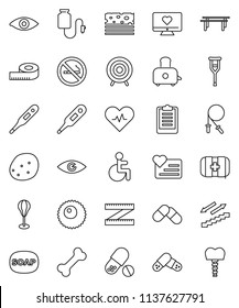 thin line vector icon set - soap vector, toaster, potato, measuring, clipboard, jump rope, horizontal bar, punching bag, target, pills, stairways run, breads, no smoking, heart monitor, bone, pulse